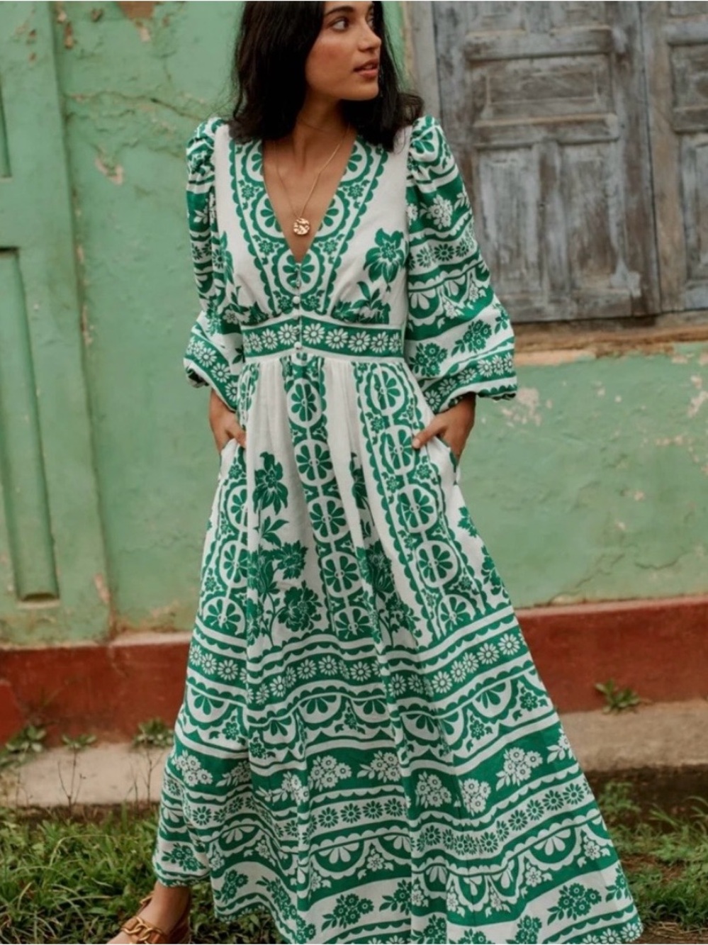 Womens Boden Green Lola Blouson Maxi Dress Puff sleeves size 4